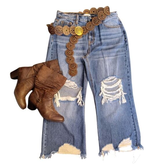 CEROS Blue Heavily Distressed High Rise Straight Leg Cropped Jeans Size 31 - Picture 2 of 11